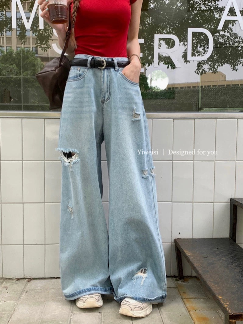 2024 new summer women's hot girl street loose wide-leg washed blue ripped straight floor-length denim trousers