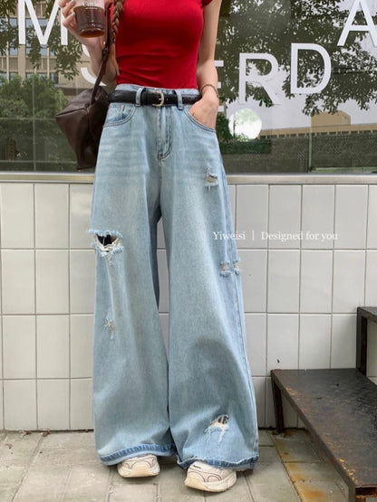 2024 new summer women's hot girl street loose wide-leg washed blue ripped straight floor-length denim trousers