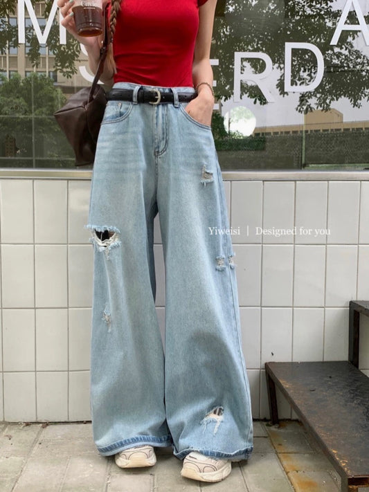 2024 new summer women's hot girl street loose wide-leg washed blue ripped straight floor-length denim trousers
