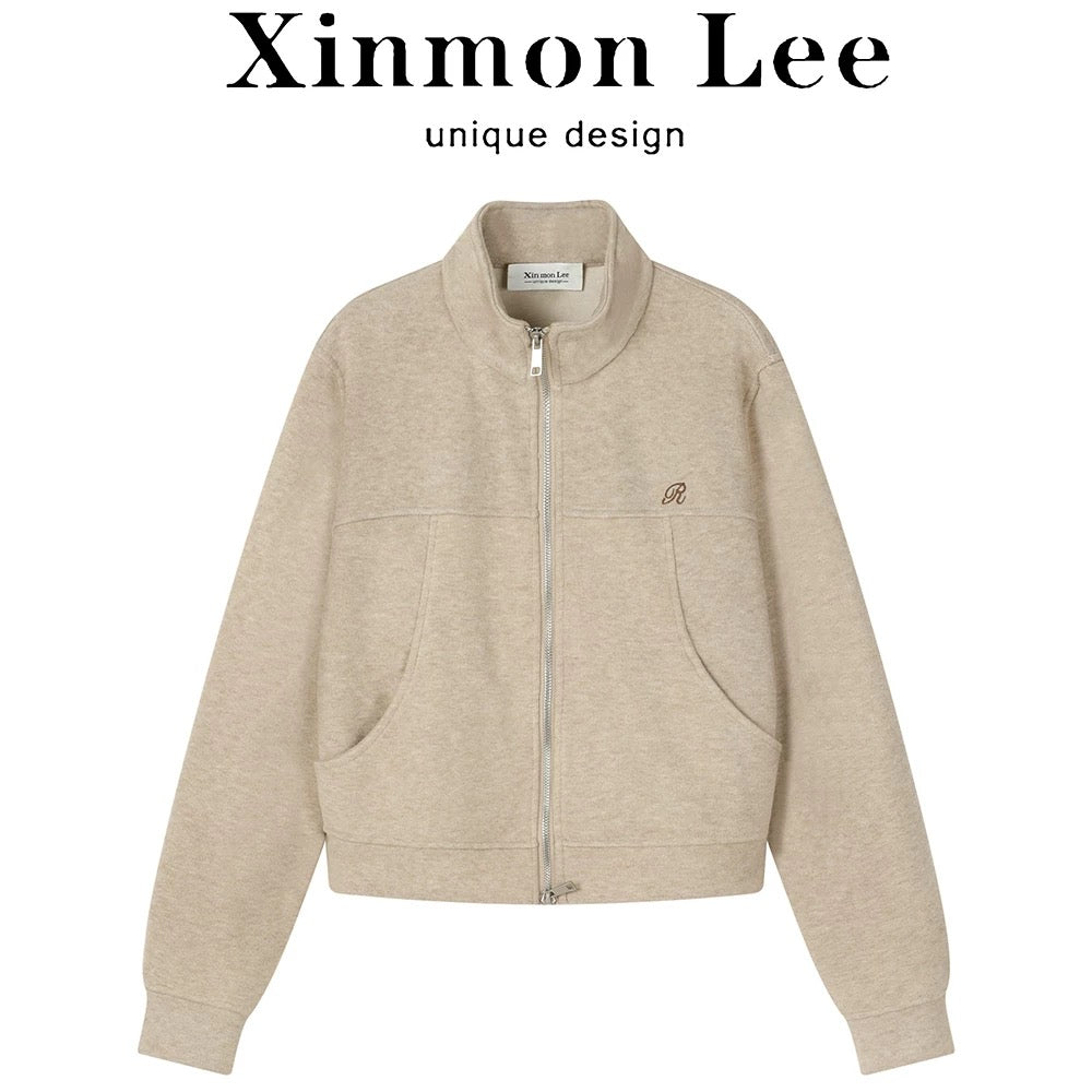 XinmonLee American retro high-end embroidered sweater jacket autumn and winter versatile Korean style stand-up collar short style slim