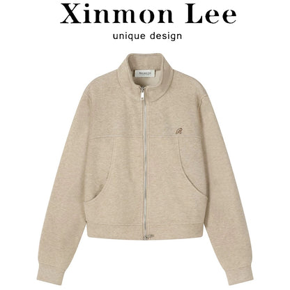 XinmonLee American retro high-end embroidered sweater jacket autumn and winter versatile Korean style stand-up collar short style slim