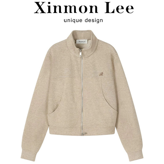 XinmonLee American retro high-end embroidered sweater jacket autumn and winter versatile Korean style stand-up collar short style slim