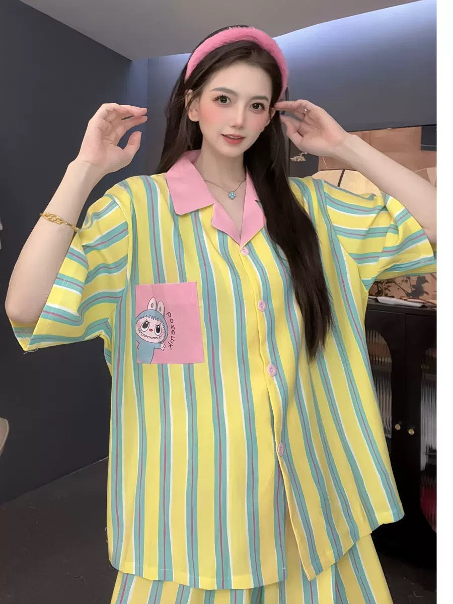 [Hello Bubu] Cloud cotton loose cartoon color striped short-sleeved pajamas with small lapel summer thin home clothes