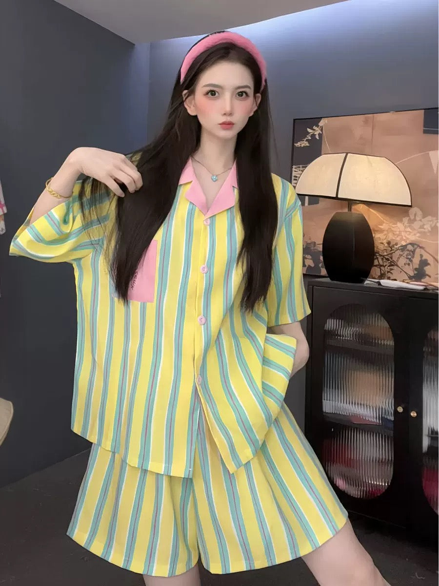 [Hello Bubu] Cloud cotton loose cartoon color striped short-sleeved pajamas with small lapel summer thin home clothes
