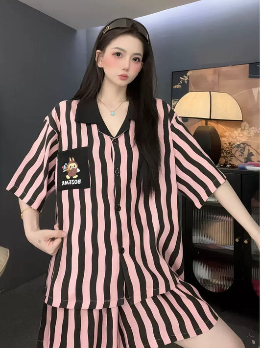 [Fen Dai] Fashion brand cartoon striped cloud cotton loose version women's short-sleeved pajamas small lapel summer home clothes suit