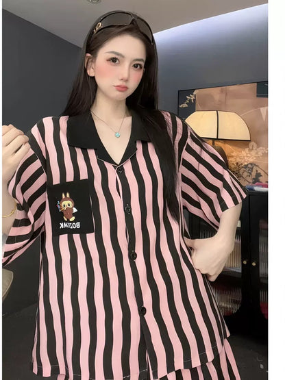 [Fen Dai] Fashion brand cartoon striped cloud cotton loose version women's short-sleeved pajamas small lapel summer home clothes suit