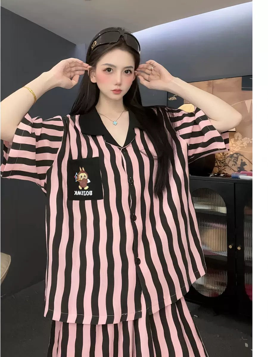 [Fen Dai] Fashion brand cartoon striped cloud cotton loose version women's short-sleeved pajamas small lapel summer home clothes suit