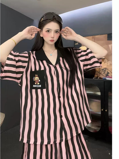 [Fen Dai] Fashion brand cartoon striped cloud cotton loose version women's short-sleeved pajamas small lapel summer home clothes suit
