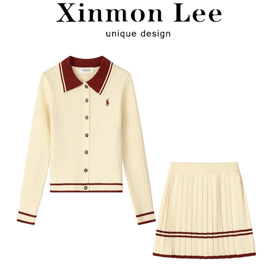 XinmonLee college style age-reducing knitted suit contrast color short top two-piece suit high waist pleated skirt autumn