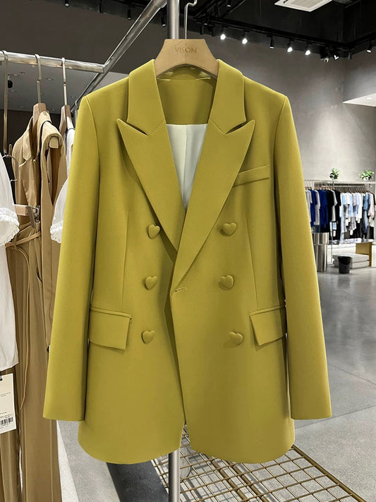 Curry color fashionable love button suit jacket for women 2024 new spring and autumn double-breasted foreign style Korean style small suit