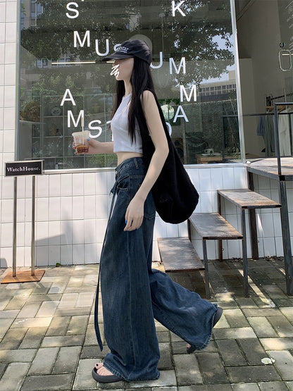 PPHOME high street jeans ~ wide-leg pants with belt design for women, retro hottie floor-length pants, tall trousers