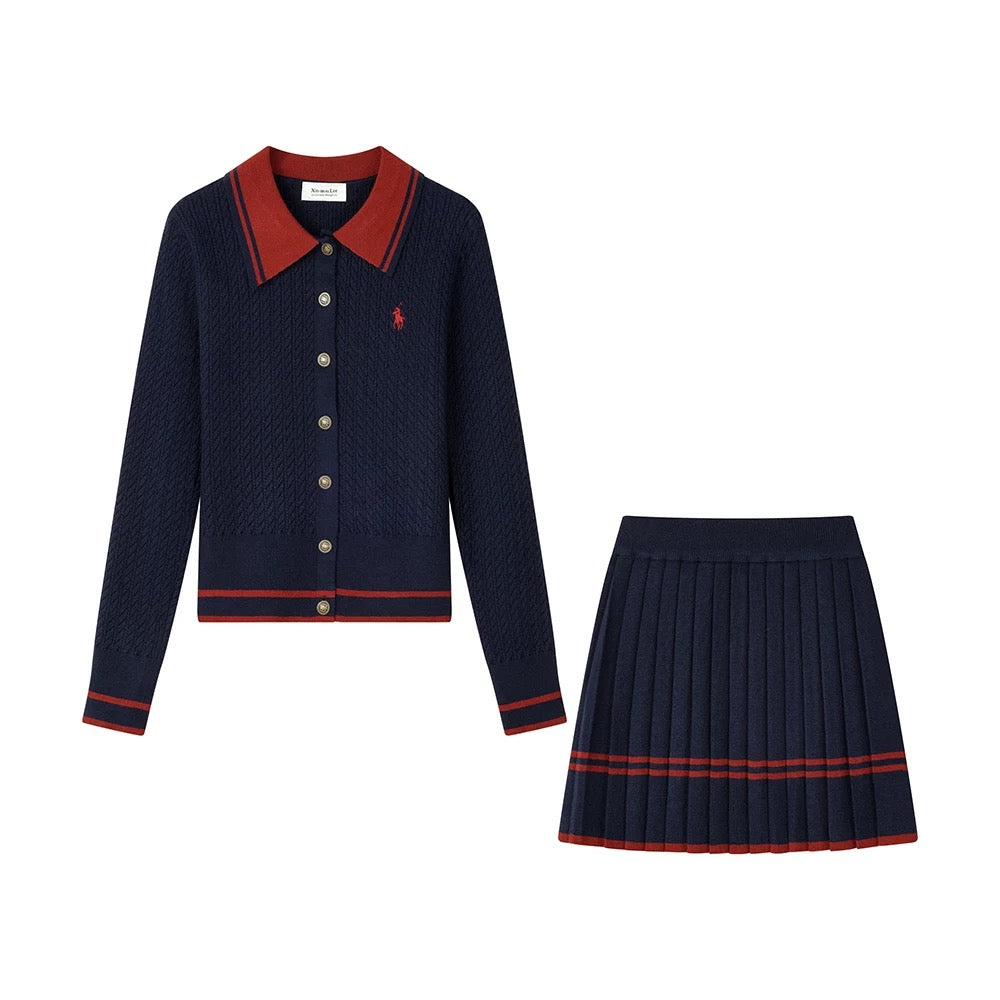 XinmonLee college style age-reducing knitted suit contrast color short top two-piece suit high waist pleated skirt autumn
