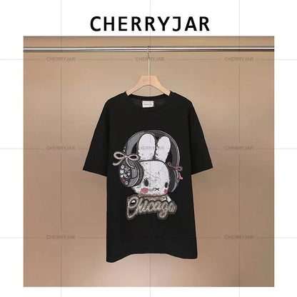 Cherryjar【25572】Bunny letter print full back solid color short sleeve