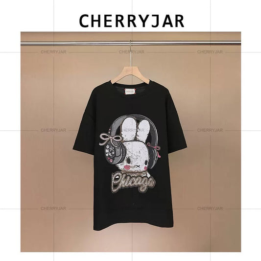 Cherryjar【25572】Bunny letter print full back solid color short sleeve