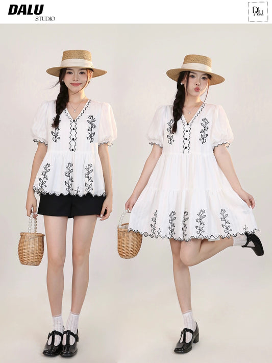 DALU April 23 "Flower Field" wavy edge heavy embroidery baby shirt + loose baby dress