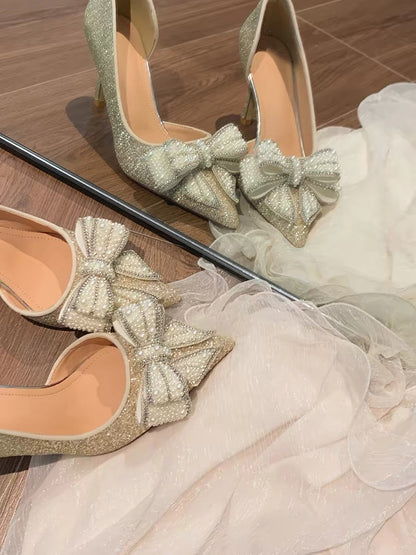 Artisan's Encounter Sheepskin Xiuhe Wedding Dress Reversible Wedding Shoes for Petite Brides - Champagne-Colored Stiletto Heels with Side Openings