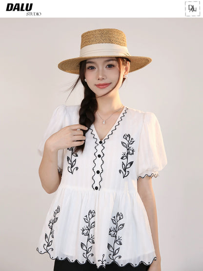 DALU April 23 "Flower Field" wavy edge heavy embroidery baby shirt + loose baby dress