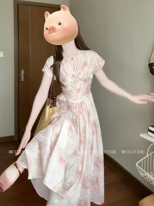 MLYD/Customized Large Size French Temperament V-neck Floral Dress Female Gentle Style Waist High-end Long Skirt