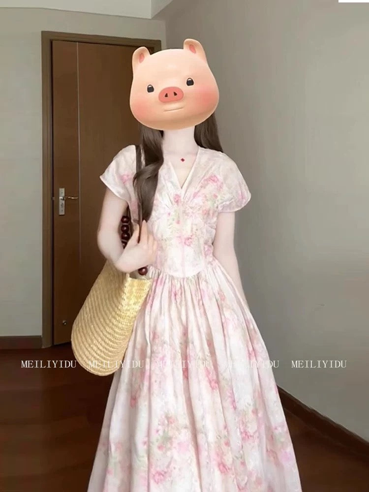 MLYD/Customized Large Size French Temperament V-neck Floral Dress Female Gentle Style Waist High-end Long Skirt