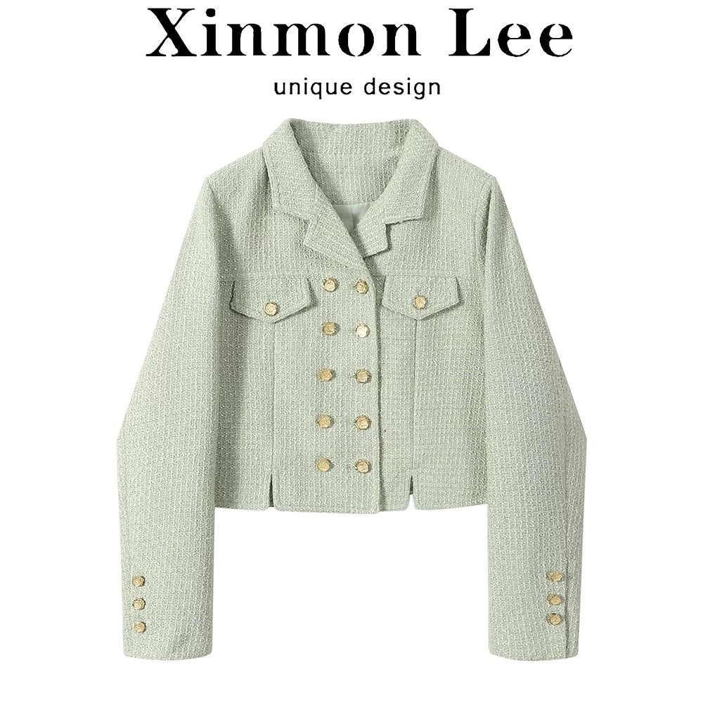 XinmonLee mint green temperament small fragrance style braided jacket chic double-breasted tweed autumn and winter suit