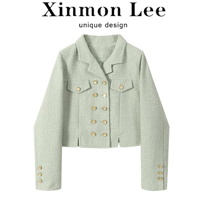 XinmonLee mint green temperament small fragrance style braided jacket chic double-breasted tweed autumn and winter suit