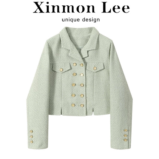 XinmonLee mint green temperament small fragrance style braided jacket chic double-breasted tweed autumn and winter suit