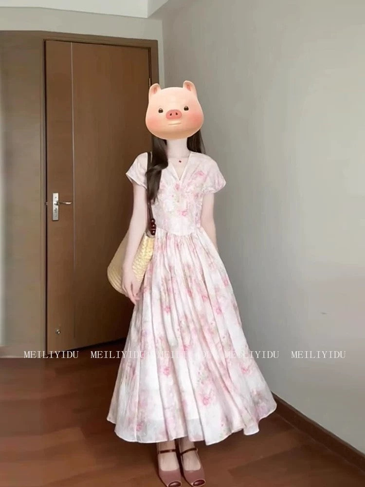 MLYD/Customized Large Size French Temperament V-neck Floral Dress Female Gentle Style Waist High-end Long Skirt