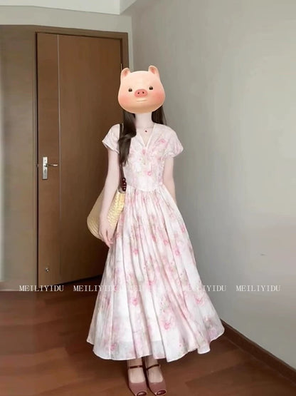 MLYD/Customized Large Size French Temperament V-neck Floral Dress Female Gentle Style Waist High-end Long Skirt