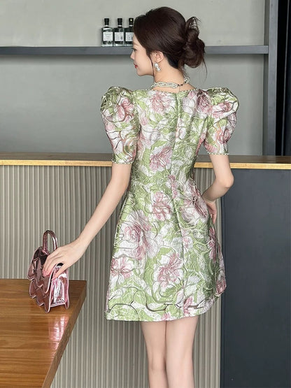 European palace style dress for women summer French retro square collar temperament jacquard design waist a-line skirt