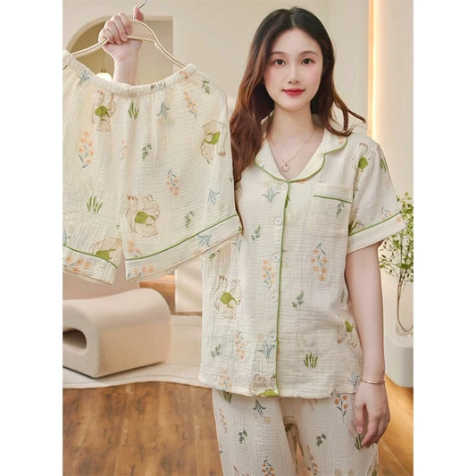[Yue Ran Jin Shang] Three-piece baby cotton yarn short-sleeved yellow flower cardigan pajamas set can be worn as home clothes