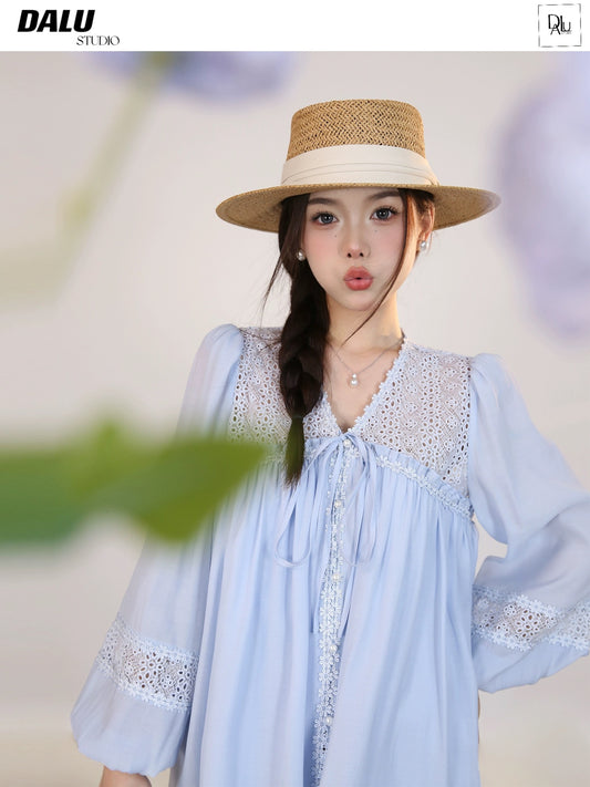 DALU April 23 Really beautiful! Hollow lace patchwork sun protection long-sleeved chiffon shirt