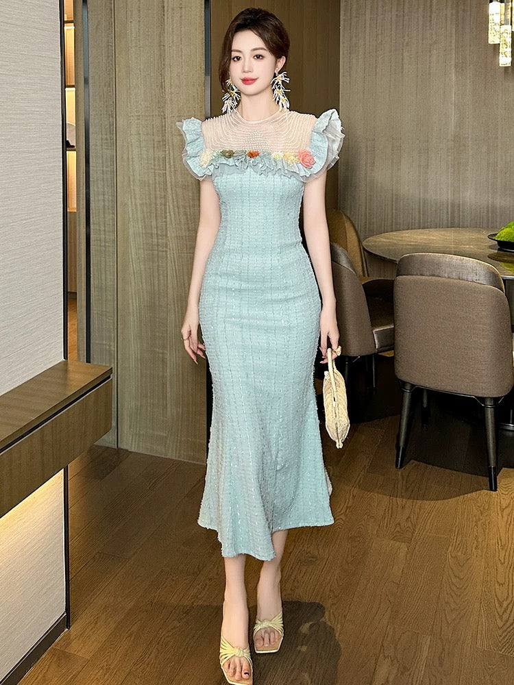 European station heavy-duty dress for women summer mesh pearl collar stitching three-dimensional flowers slim fit temperament hip fishtail skirt