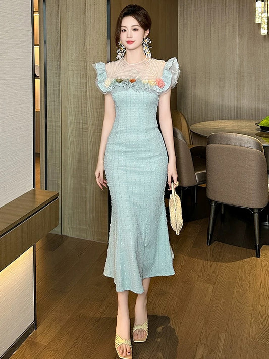 European station heavy-duty dress for women summer mesh pearl collar stitching three-dimensional flowers slim fit temperament hip fishtail skirt