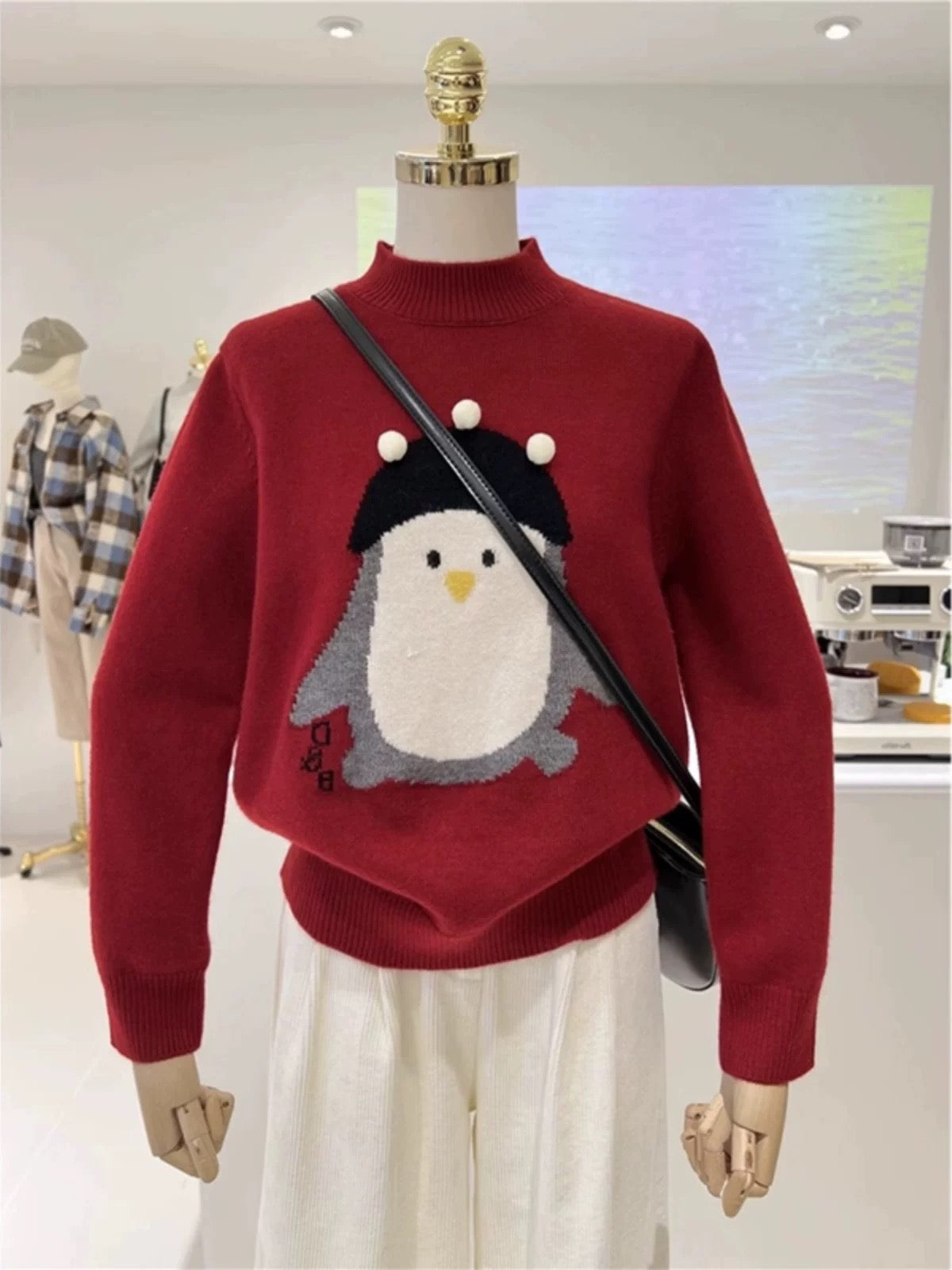High-neck, versatile, soft, cute, three-dimensional cartoon penguin pom-pom, loose-fitting knit pullover sweater/cashmere sweater for autumn and winter.