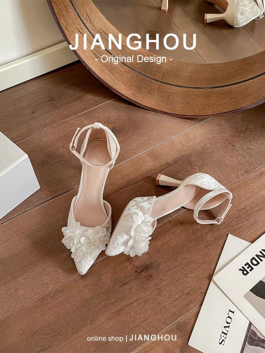 Artisan's Hollow-Out Wedding Shoes, Petite High Heels, Engagement Velvet Flats for Women, 2024 Early Autumn Mary Jane Stilettos
