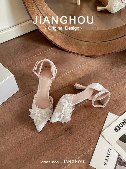Artisan's Hollow-Out Wedding Shoes, Petite High Heels, Engagement Velvet Flats for Women, 2024 Early Autumn Mary Jane Stilettos