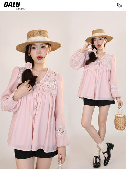 DALU April 23 Really beautiful! Hollow lace patchwork sun protection long-sleeved chiffon shirt
