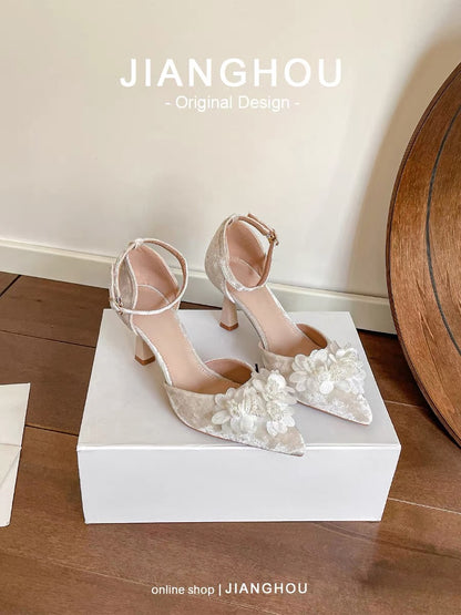 Artisan's Hollow-Out Wedding Shoes, Petite High Heels, Engagement Velvet Flats for Women, 2024 Early Autumn Mary Jane Stilettos