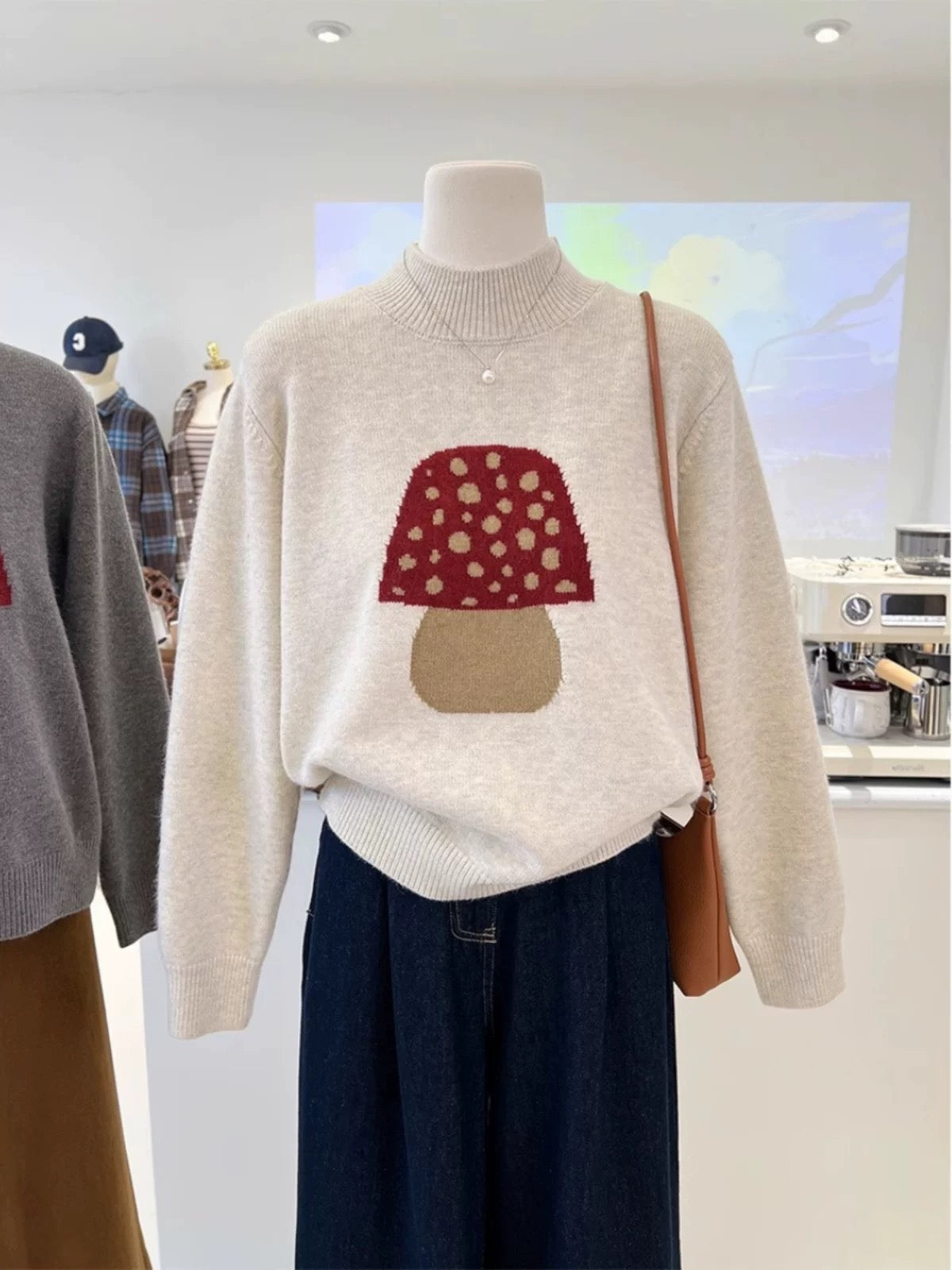 French-style cartoon mushroom jacquard, niche high-end semi-high round neck loose pullover knit sweater for autumn and winter, new style for women.