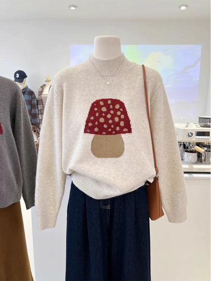 French-style cartoon mushroom jacquard, niche high-end semi-high round neck loose pullover knit sweater for autumn and winter, new style for women.