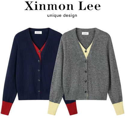 XinmonLee lazy soft temperament simple contrast color all-match fake two-piece sweater winter casual knitted jacket