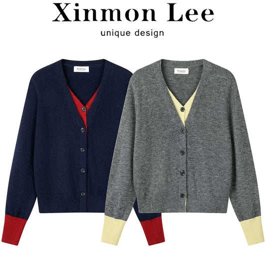 XinmonLee lazy soft temperament simple contrast color all-match fake two-piece sweater winter casual knitted jacket