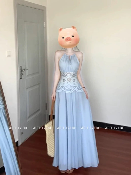 MLYD/Customized Large Size French Hollow Embroidery Blue Halter Dress Gentle Temperament Waist Holiday Long Dress