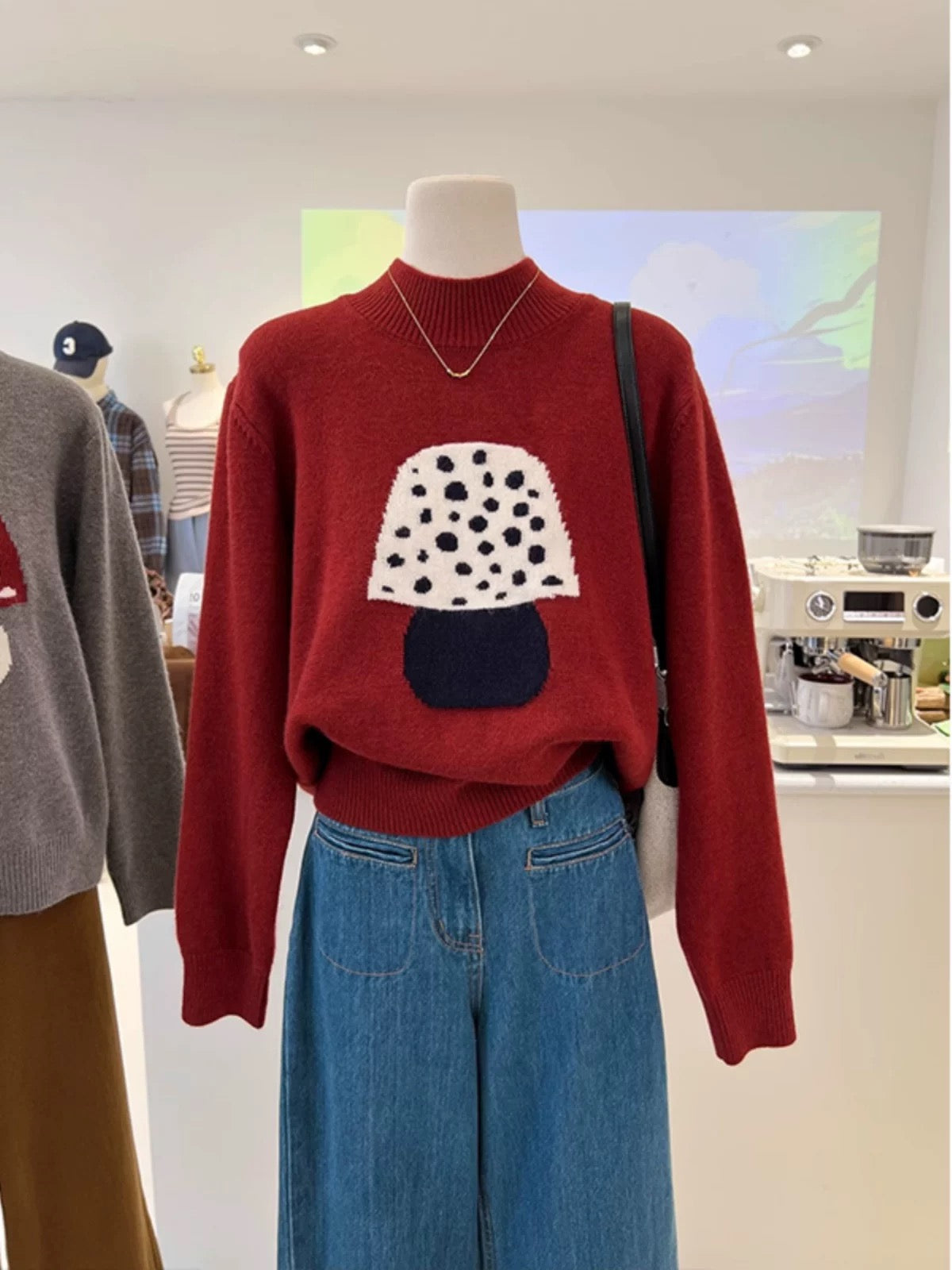 French-style cartoon mushroom jacquard, niche high-end semi-high round neck loose pullover knit sweater for autumn and winter, new style for women.
