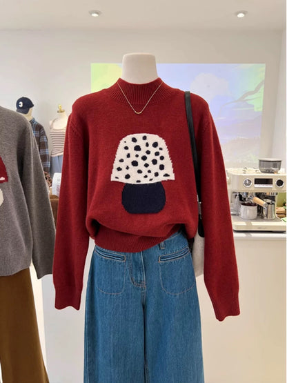 French-style cartoon mushroom jacquard, niche high-end semi-high round neck loose pullover knit sweater for autumn and winter, new style for women.