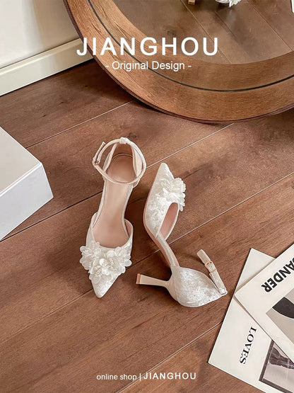Artisan's Hollow-Out Wedding Shoes, Petite High Heels, Engagement Velvet Flats for Women, 2024 Early Autumn Mary Jane Stilettos