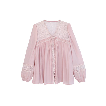 DALU April 23 Really beautiful! Hollow lace patchwork sun protection long-sleeved chiffon shirt