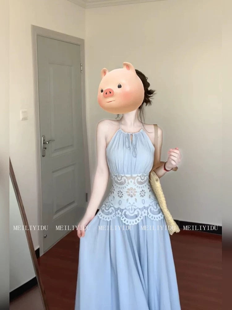 MLYD/Customized Large Size French Hollow Embroidery Blue Halter Dress Gentle Temperament Waist Holiday Long Dress