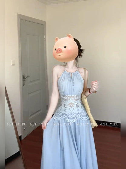 MLYD/Customized Large Size French Hollow Embroidery Blue Halter Dress Gentle Temperament Waist Holiday Long Dress