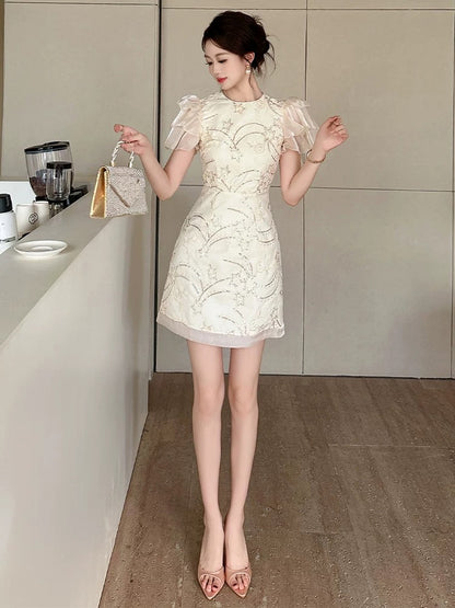 European station small style dress women's summer heavy work temperament sequin embroidery high-end exquisite design a-line skirt